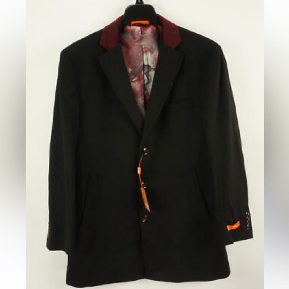 Tallia Men's Velutti Overcoat Solid Black Wool Blend Contrasting Collar NWT $498